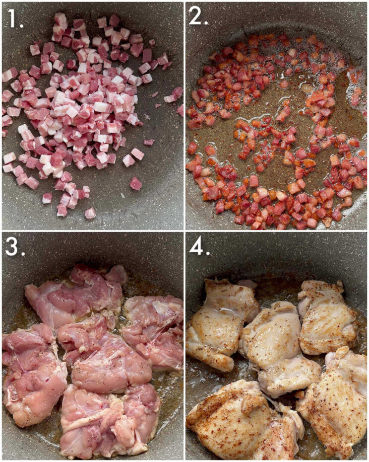 4 step by step photos showing how to fry chicken and pancetta