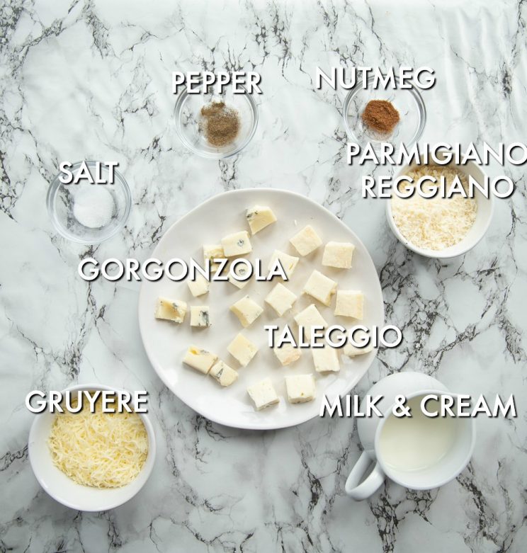 Four cheese pasta sauce ingredients with labels