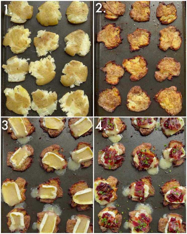4 step by step photos showing how to make brie bacon cranberry potatoes