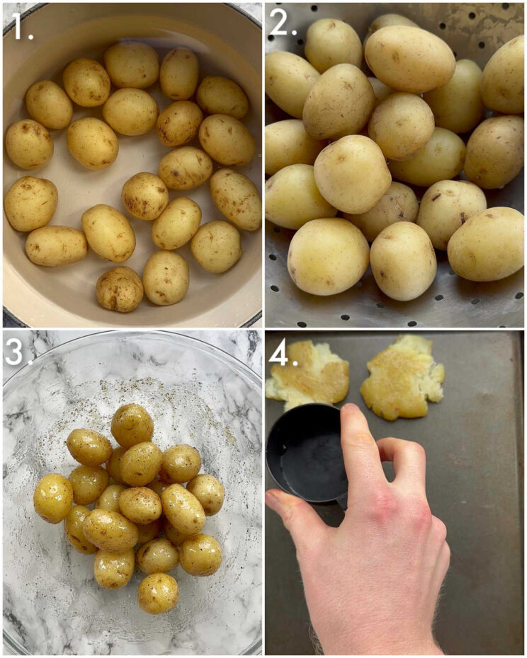 4 step by step photos showing how to make smashed potatoes