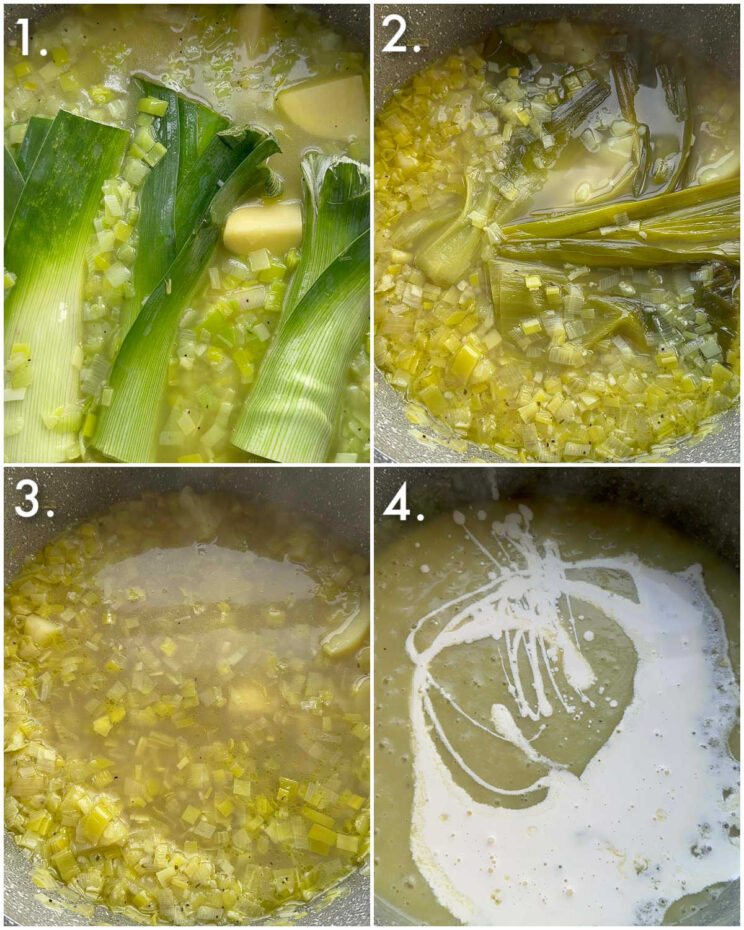 4 step by step photos showing how to make creamy leek potato soup