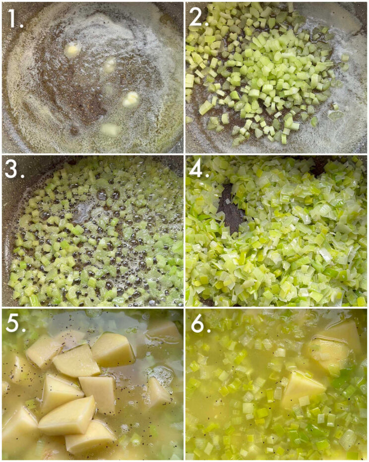 6 step by step photos showing how to make leek potato soup