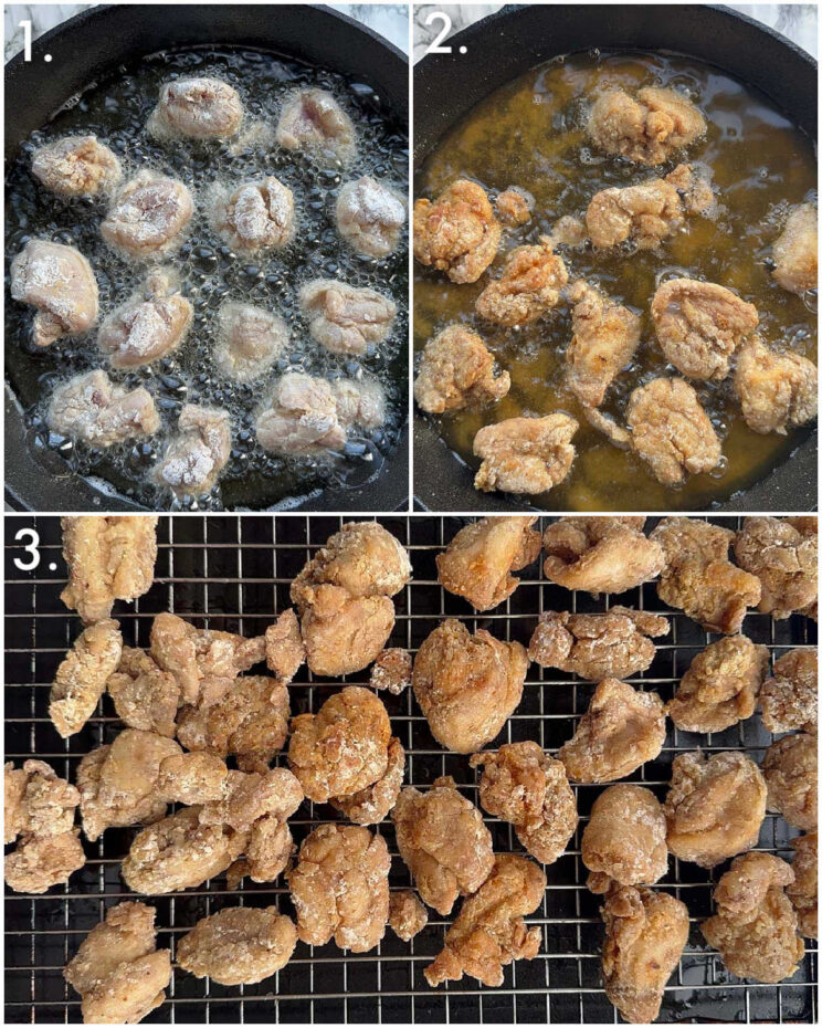 3 step by step photos showing how to cook salt and chilli chicken