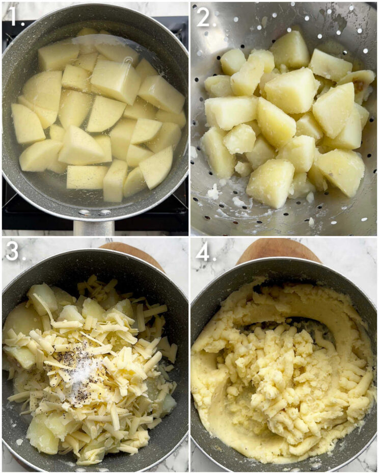 4 step by step photos showing how to make cheesy mustard mash