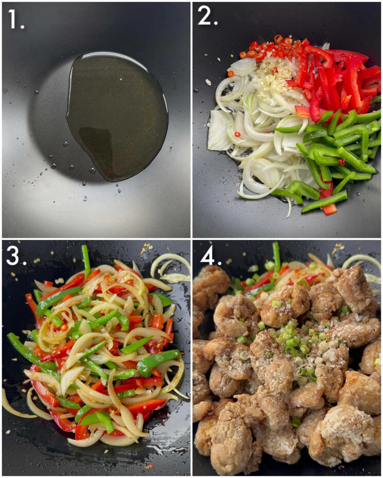 4 step by step photos showing how to make salt and chilli chicken 