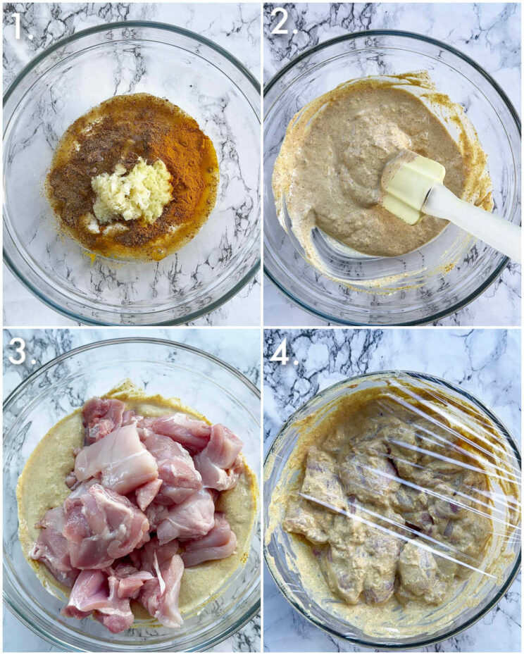 4 step by step photos showing how to marinate chicken korma