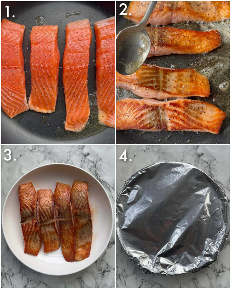 4 step by step photos showing how to pan fry salmon