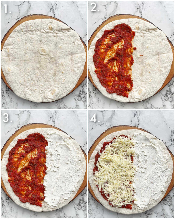 4 step by step photos showing how to prepare tortilla calzone