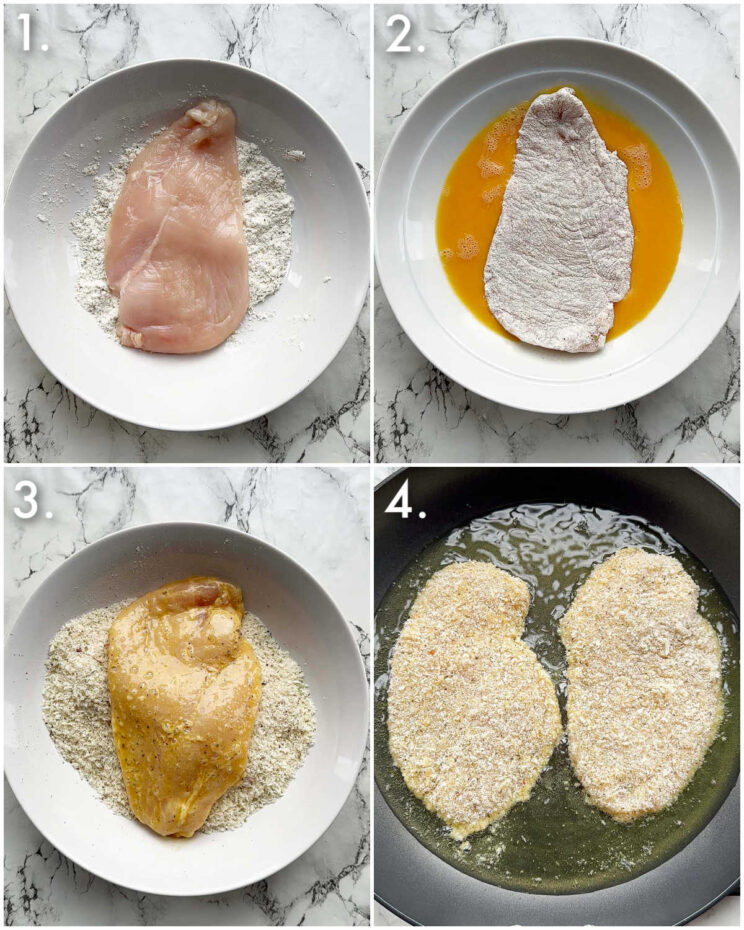 4 step by step photos showing how to make crispy chicken