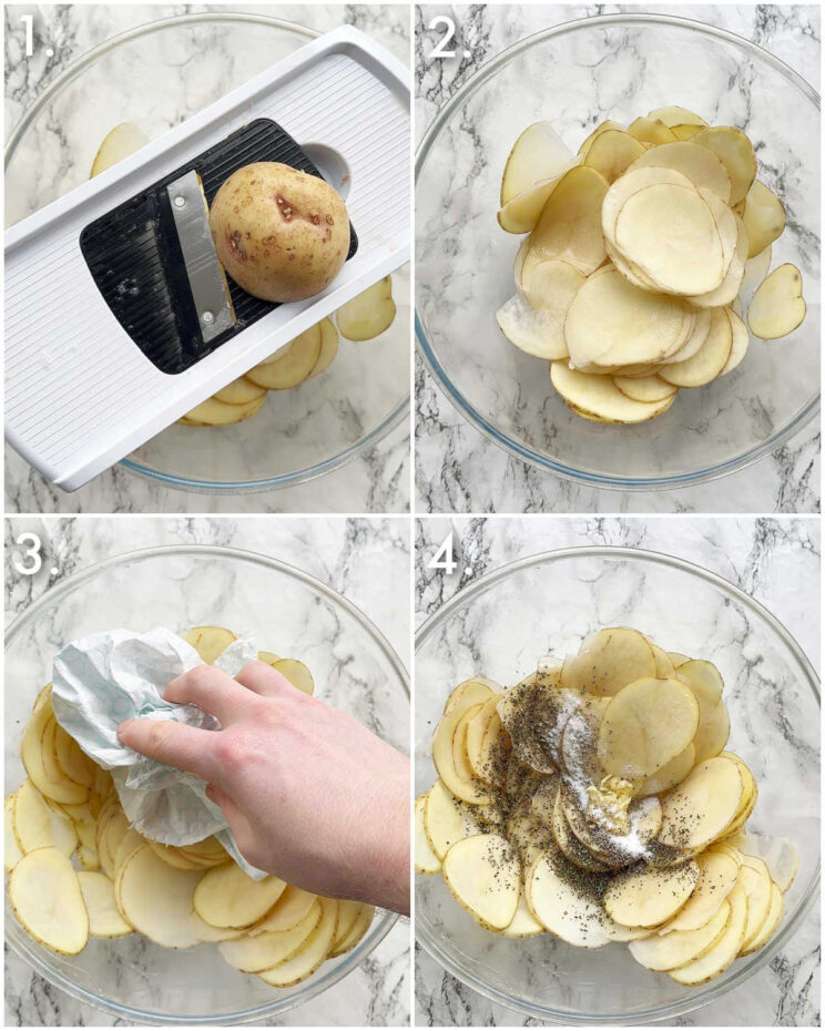 4 step by step photos showing how to slice potato roses