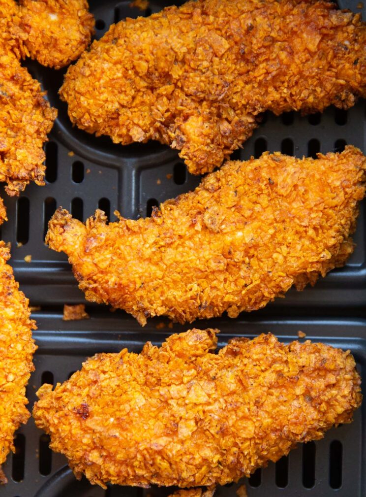 close up overhead shot of dorito chicken tenders fresh out the air fryer