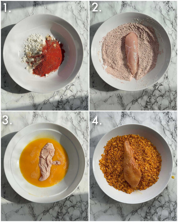 4 step by step photos showing how to coat chicken in doritos