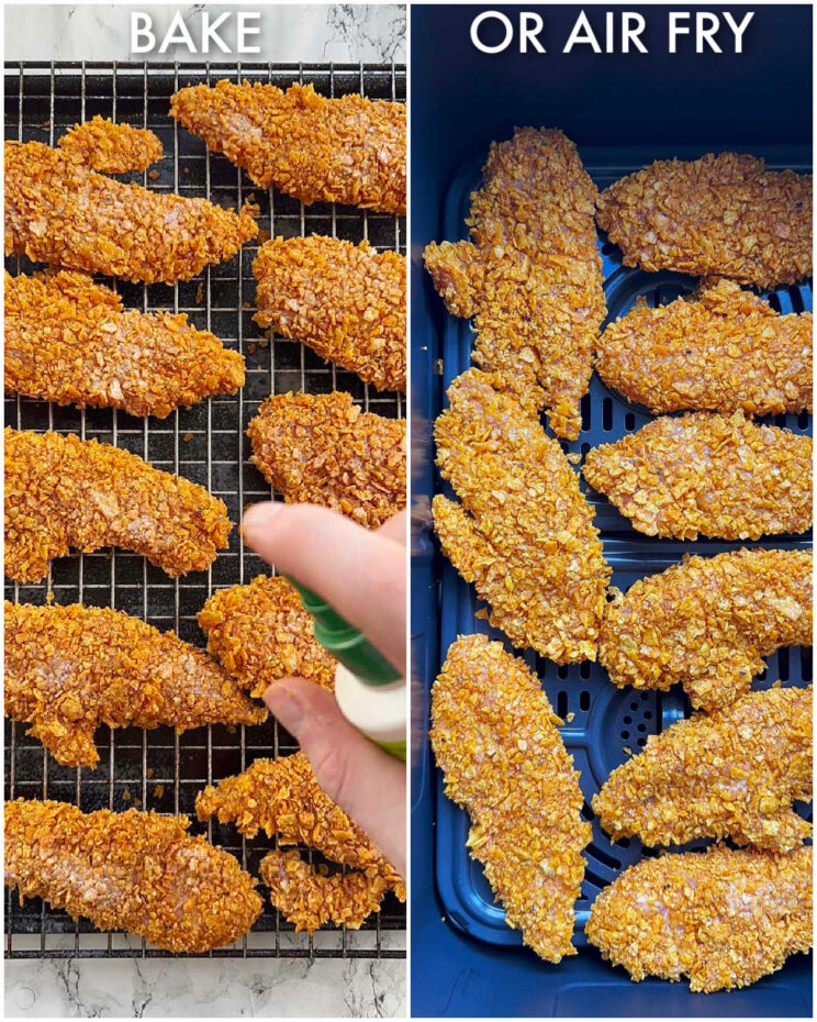 2 step by step photos showing how to cook dorito chicken tenders