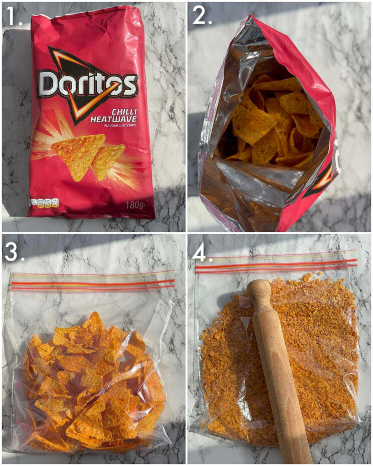4 step by step photos showing how to crush doritos