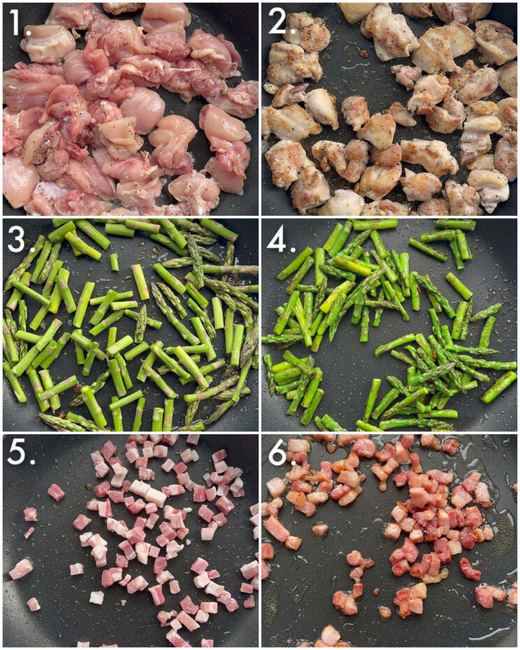 6 step by step photos showing how to fry chicken asparagus and pancetta