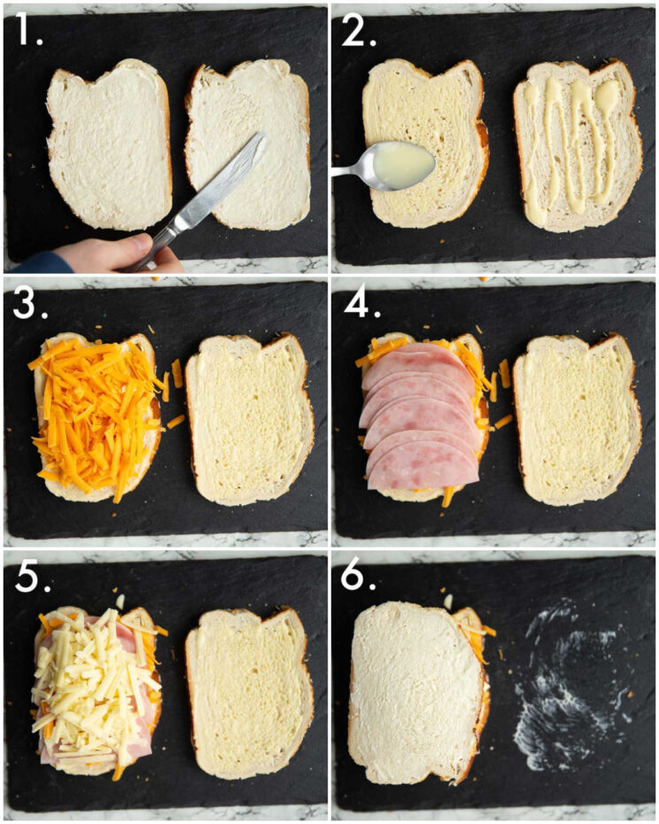 6 step by step photos showing how to make a ham and cheese toastie