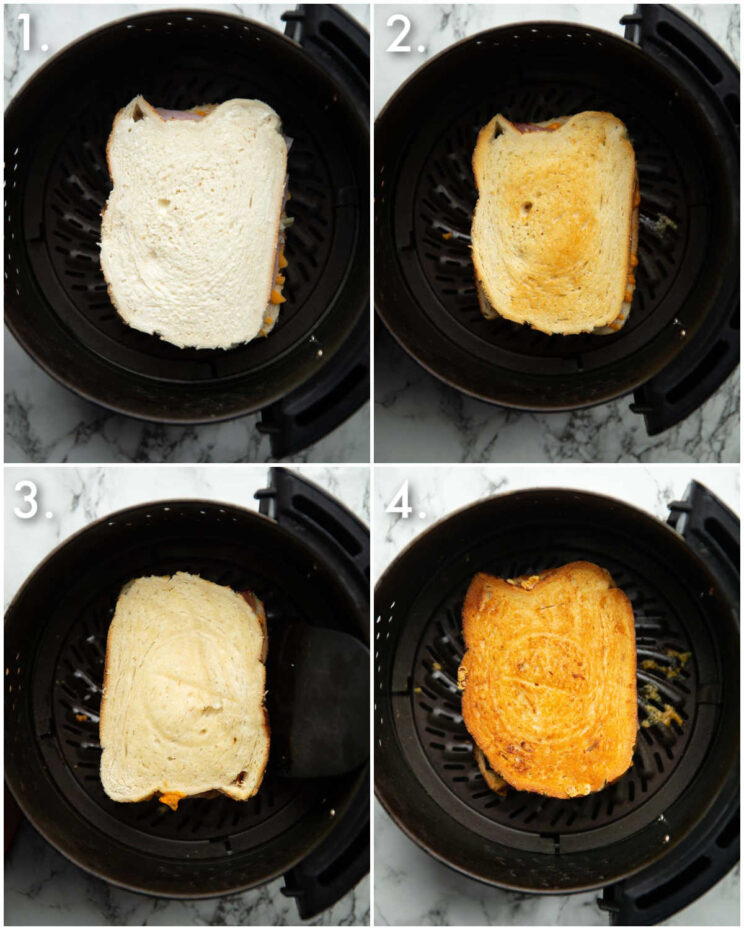 4 step by step photos showing how to make an air fryer toastie