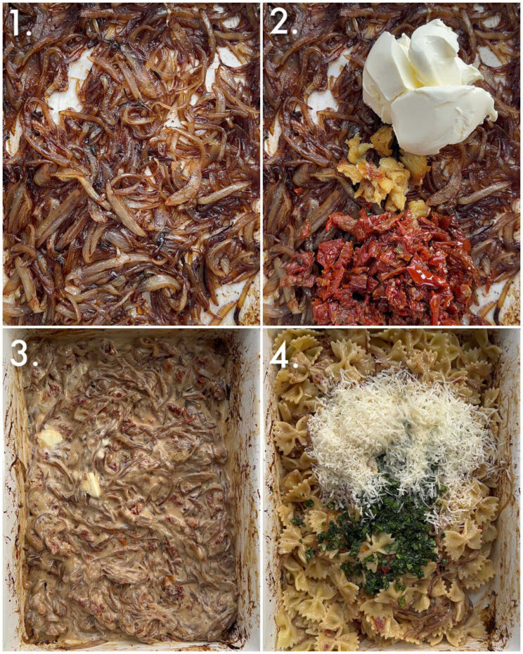 4 step by step photos showing how to make caramelised onion pasta