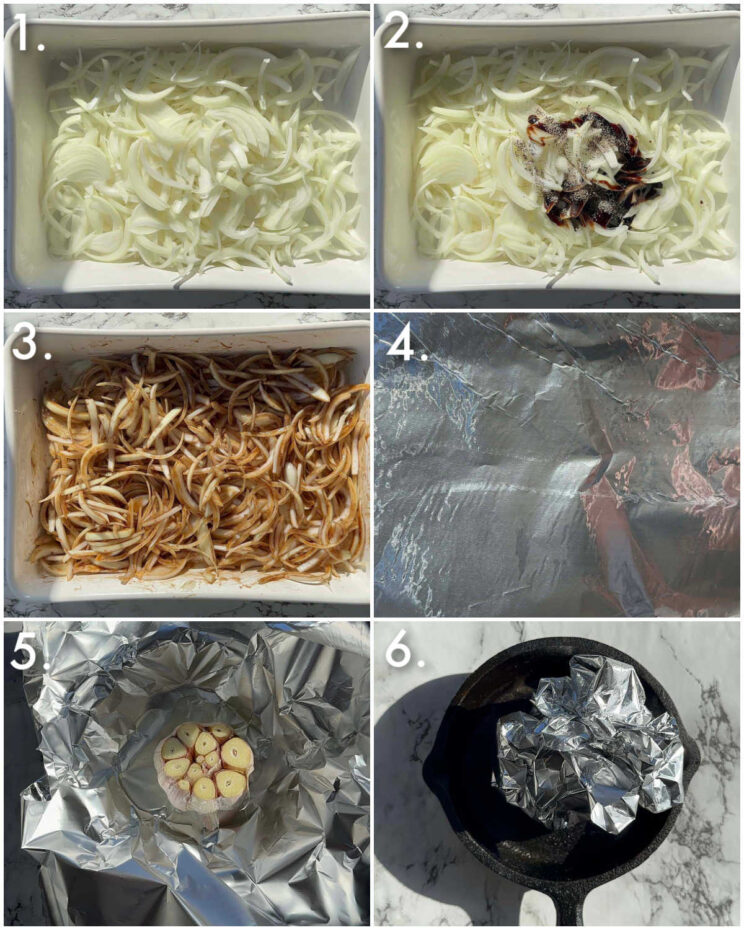 6 step by step photos showing how to make caramelised onions in the oven