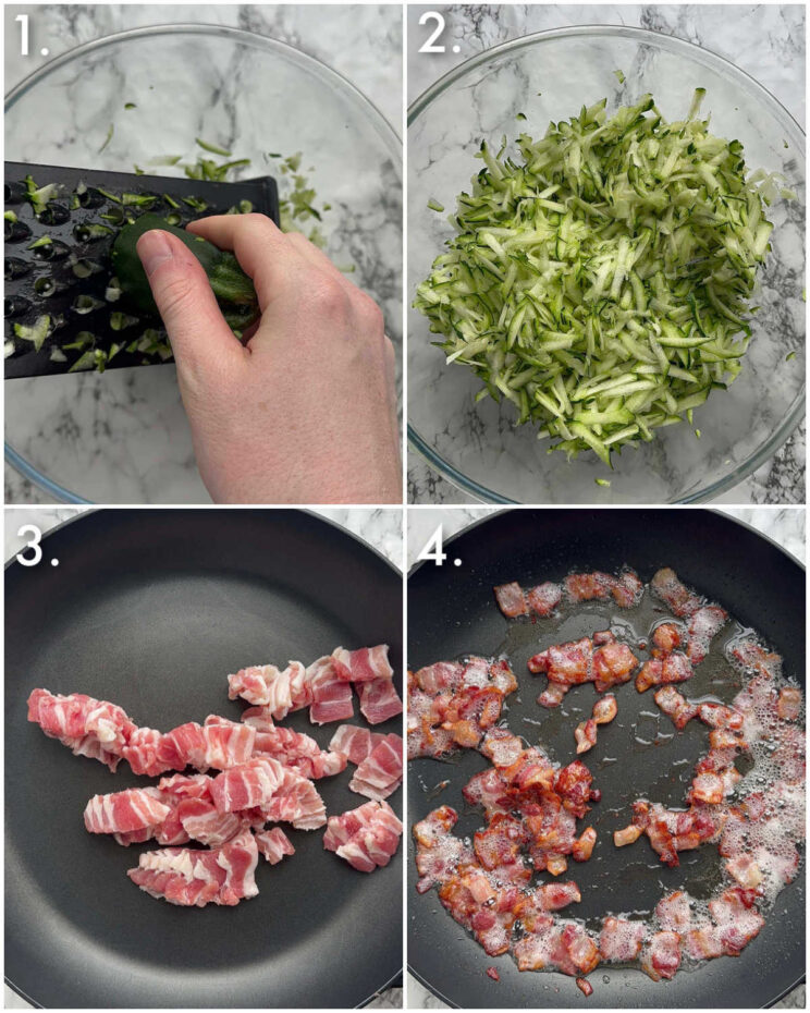 4 step by step photos showing how to make courgette bacon pasta