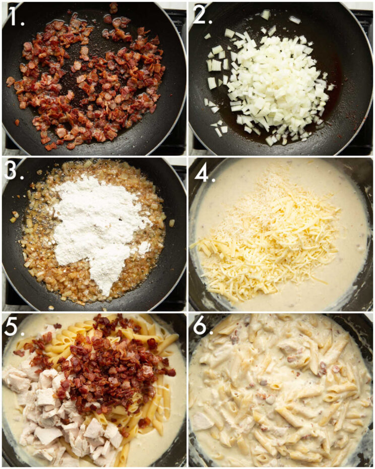 6 step by step photos showing how to make creamy chicken bacon pasta