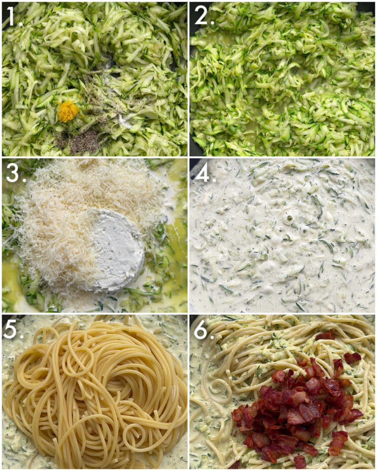 6 step by step photos showing how to make creamy courgette pasta