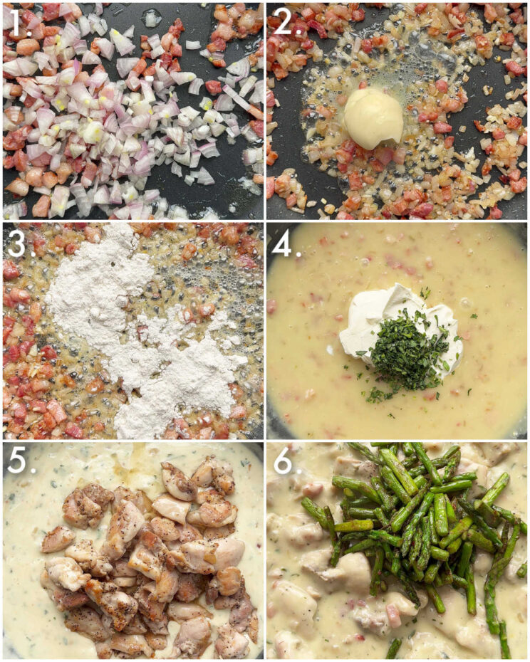 6 step by step photos showing how to make creamy tarragon chicken