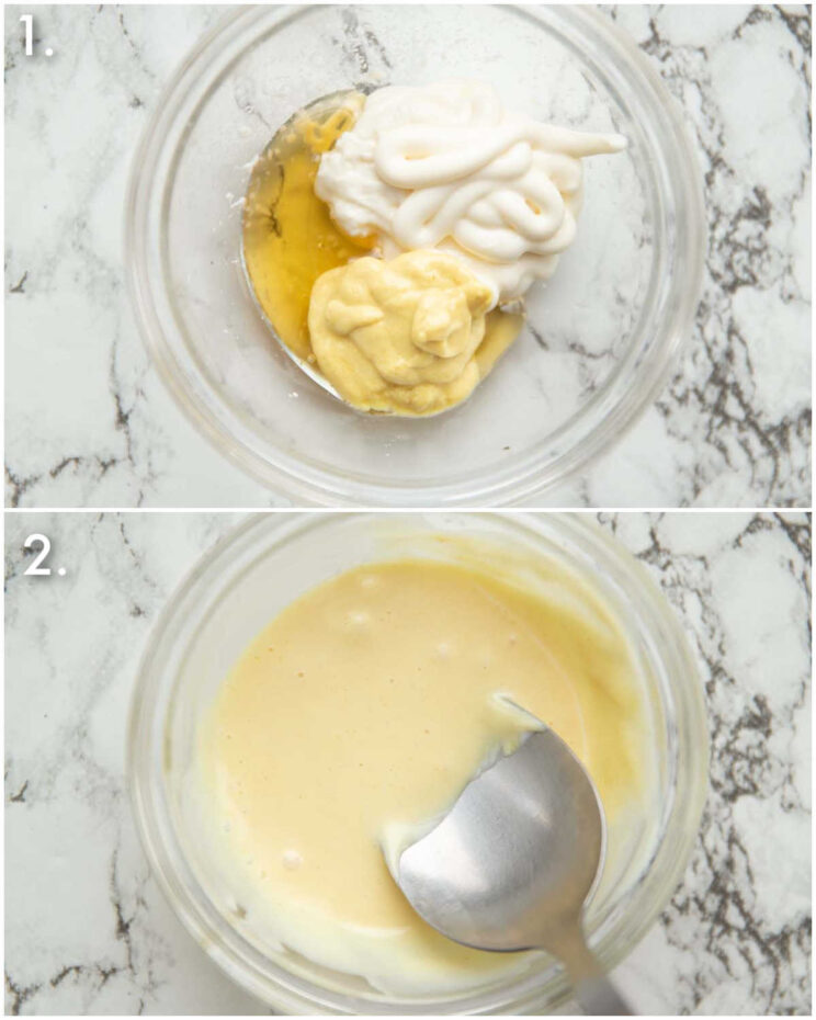 2 step by step photos showing how to make honey mustard mayo