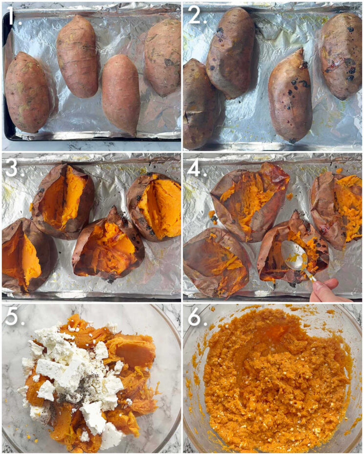 6 step by step photos showing how to make sweet potato mash