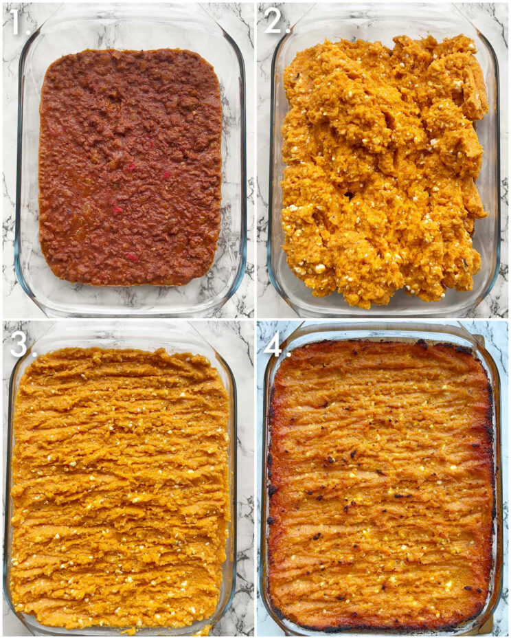 4 step by step photos showing how to make sweet potato shepherds pie