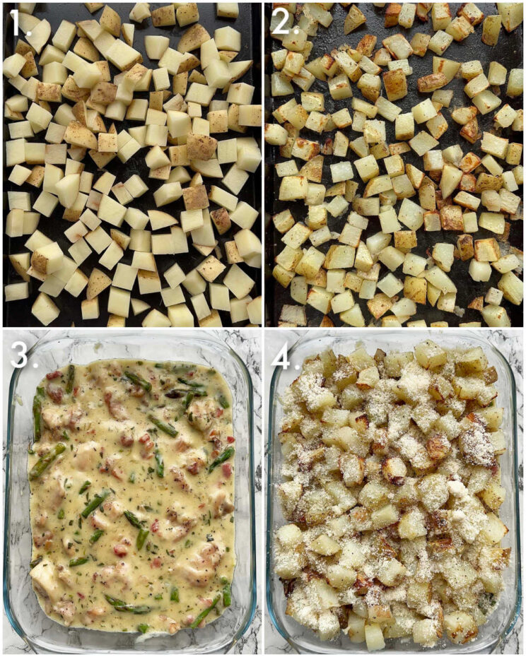 4 step by step photos showing how to make tarragon chicken potato bake