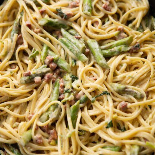 asparagus pasta in large pan
