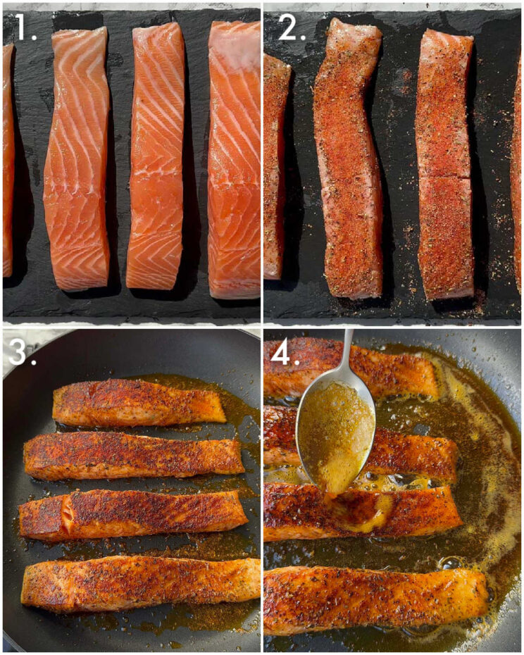 4 step by step photos showing how to fry salmon fillets