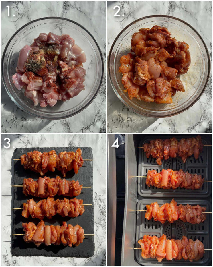 4 step by step photos showing how to make air fryer chicken skewers