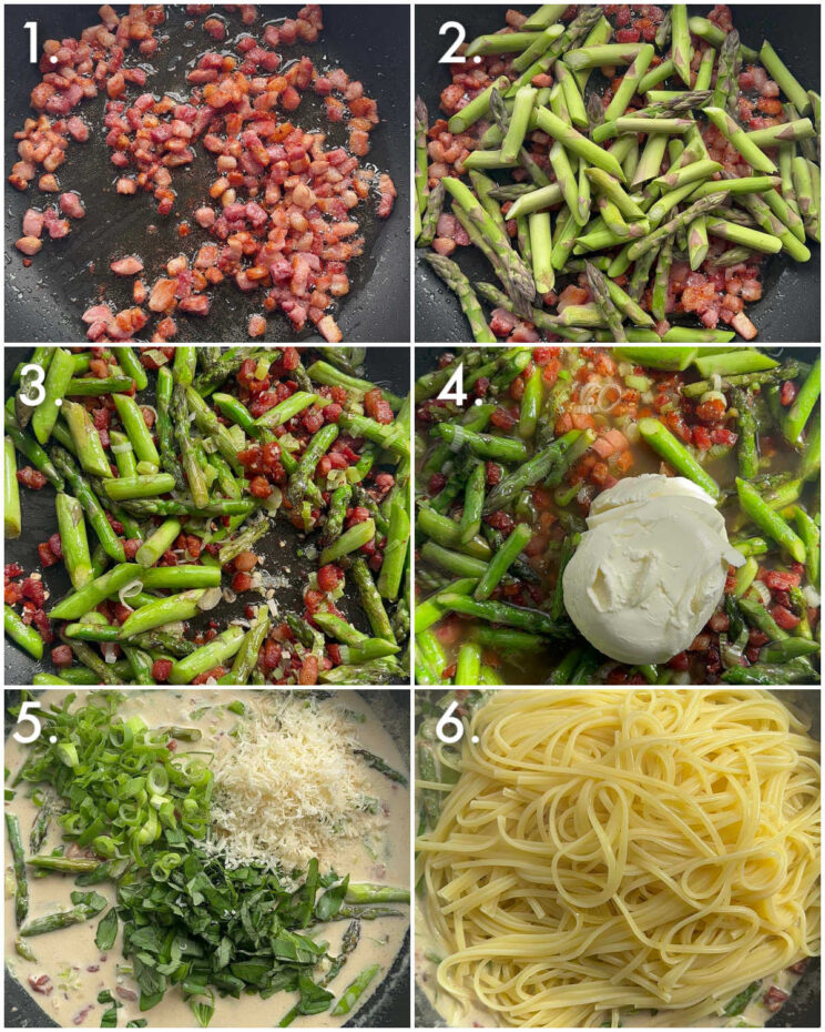 6 step by step photos showing how to make asparagus pasta
