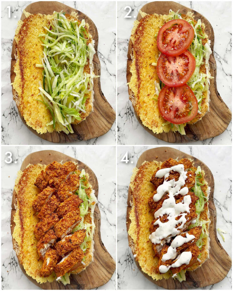 4 step by step photos showing how to make chicken tenders sandwich