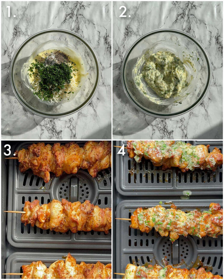 4 step by step photos showing how to make garlic parmesan chicken skewers