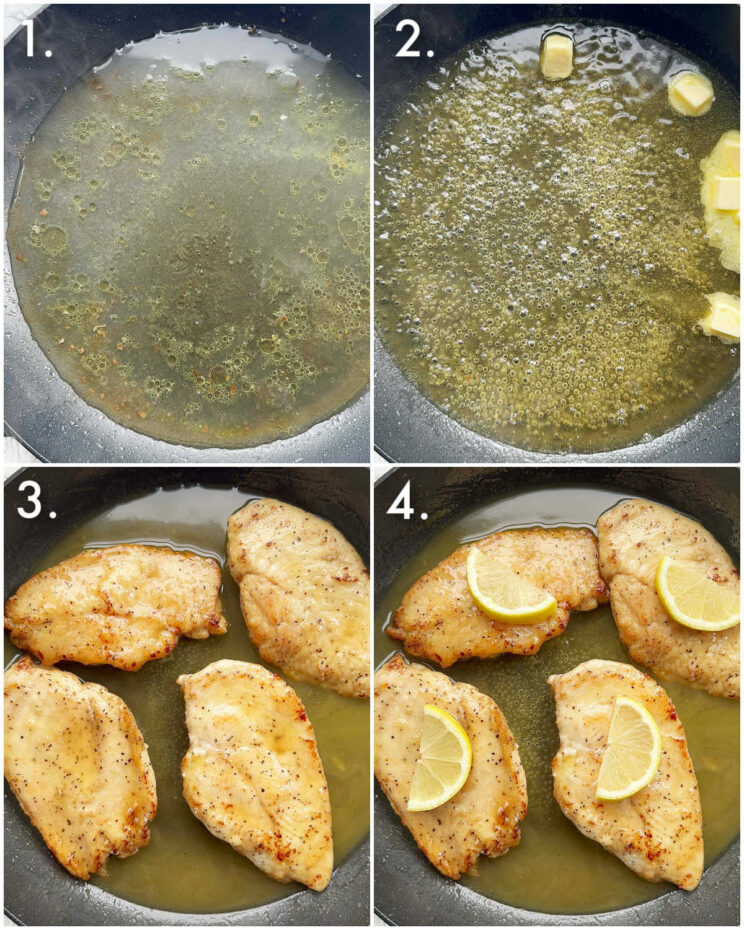 4 step by step photos showing how to make honey lemon chicken