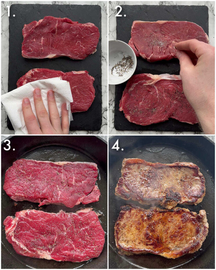 4 step by step photos showing how to make steak