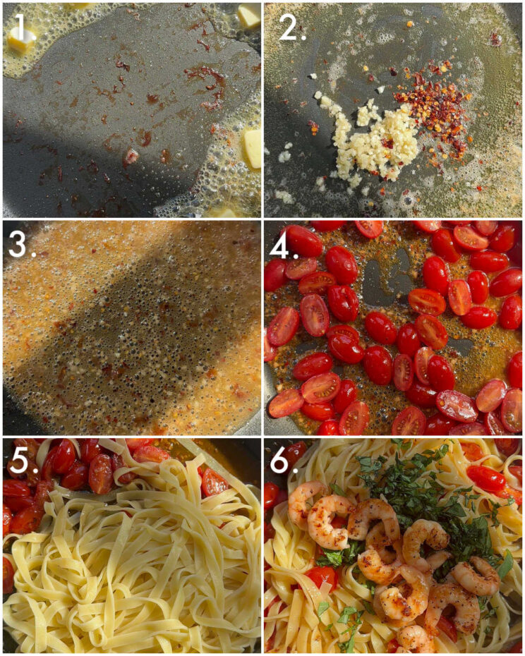 6 step by step photos showing how to make tomato prawn pasta