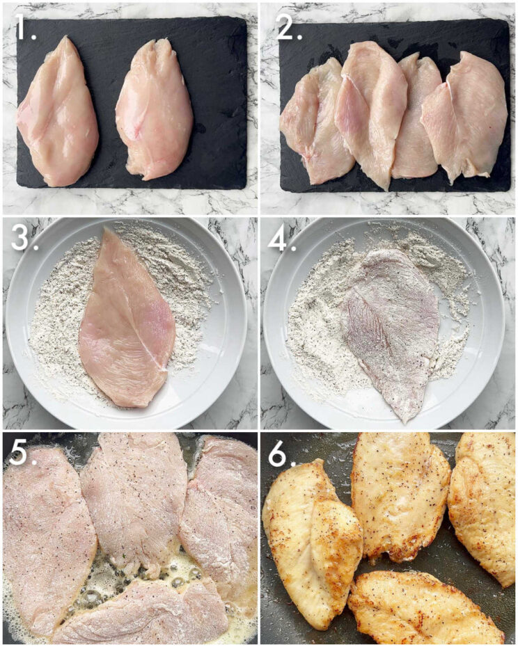 6 step by step photos showing how to pan fry chicken breast