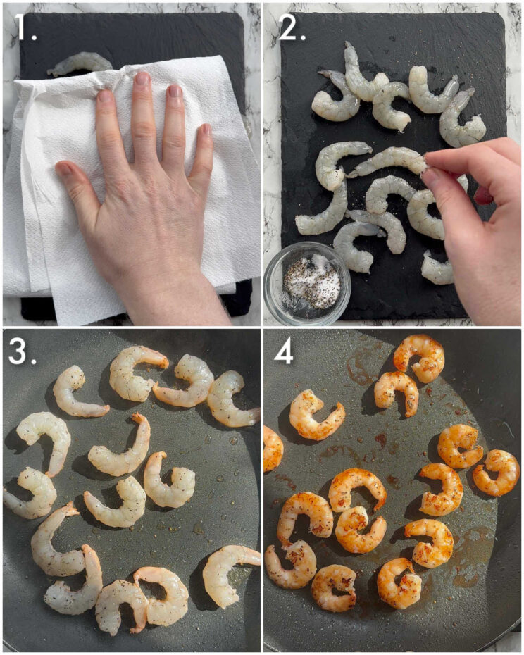 4 step by step photos showing how to prepare prawns for pasta